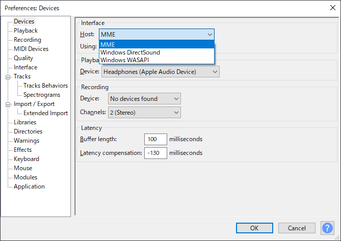 Select Audacity audio host