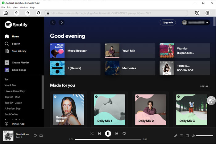 Browse built-in Spotify web player